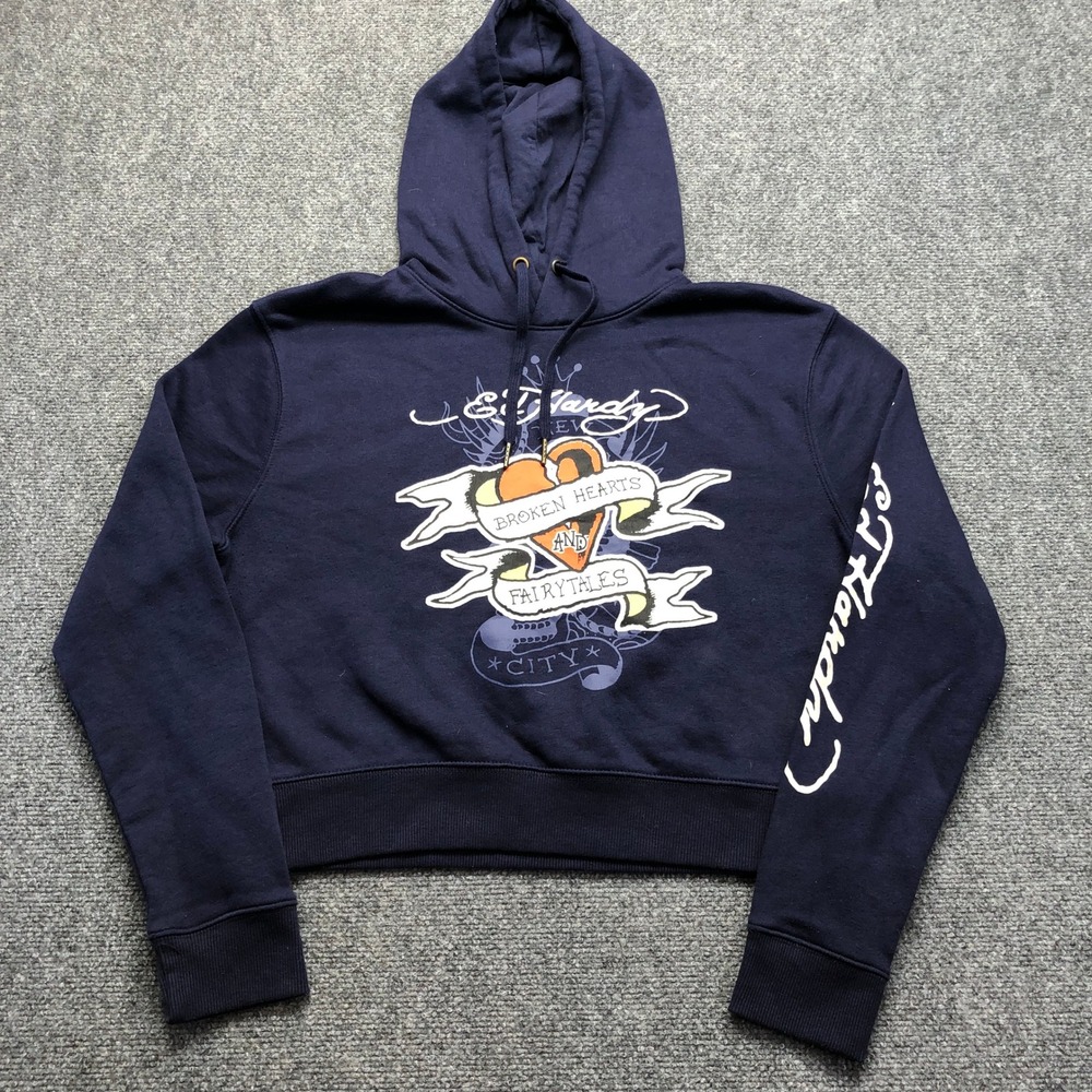 Ed Hardy Womens Navy Broken Hearts Fairytales Cropped Hoodie L Graphic Y2K